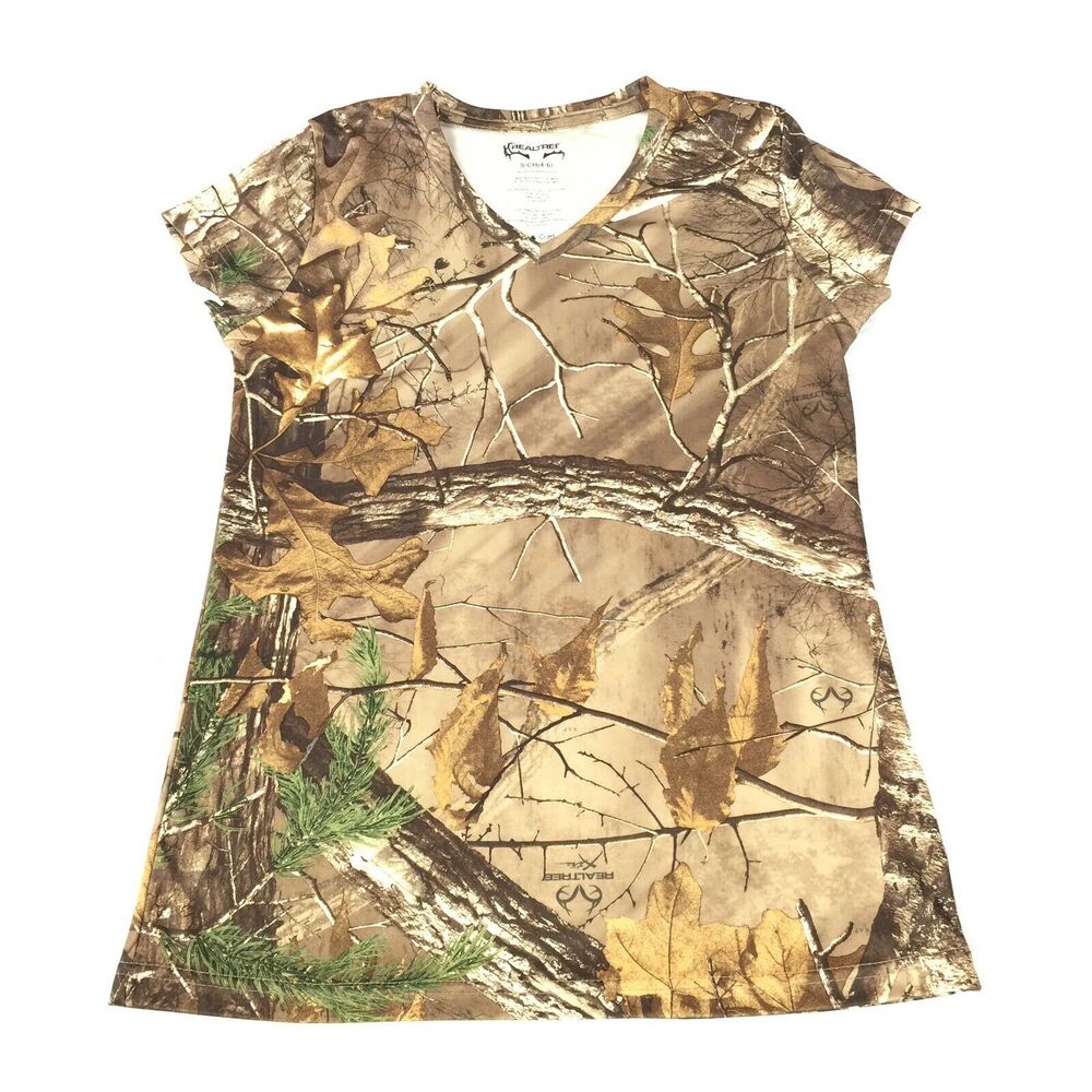 Realtree V-Neck T-Shirt Size Small Womens Brown Mossy Oak Short Sleeve Real Tree